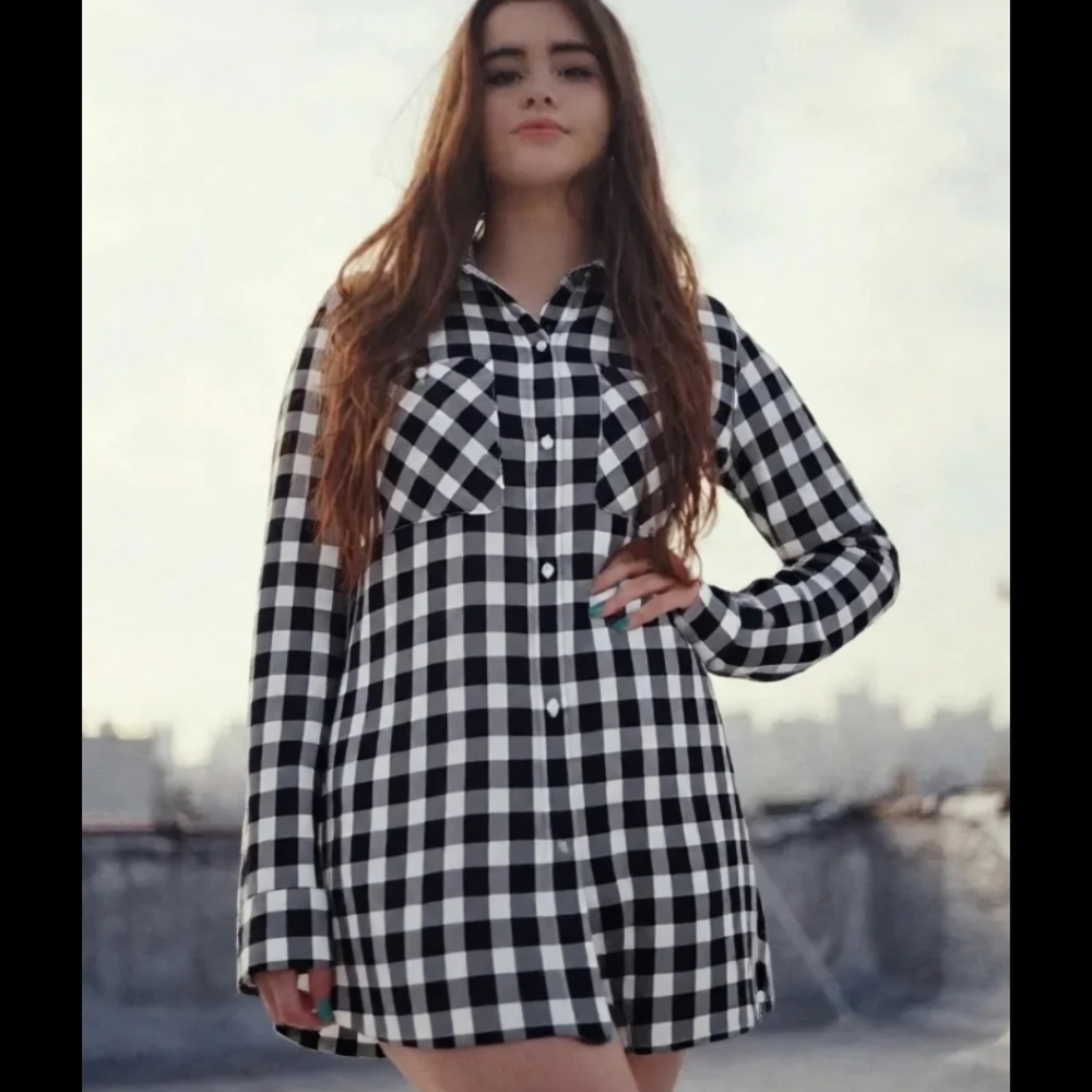 Roxy Black and White Gingham Button-Down Shirt Dress
